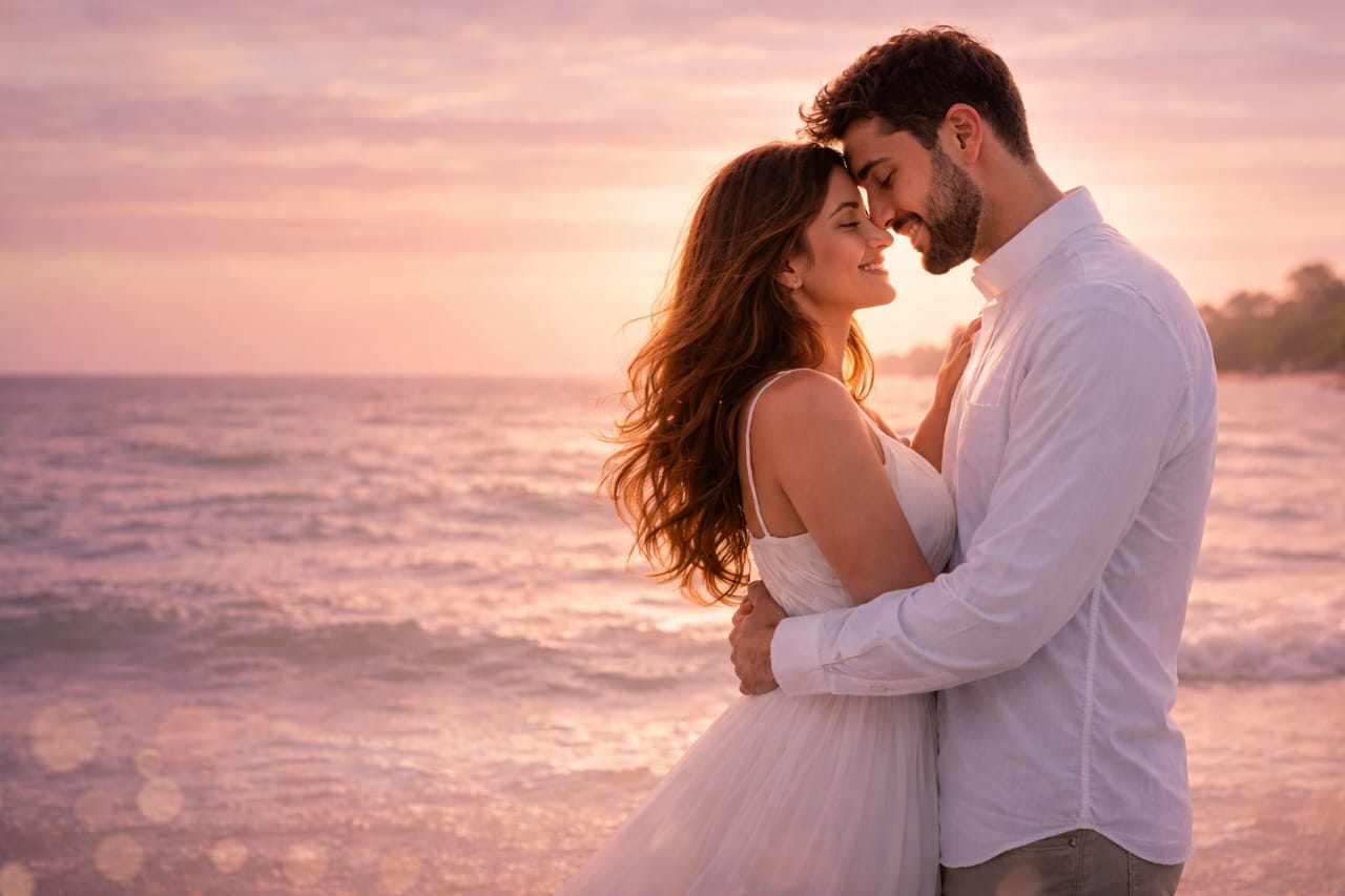 couple hugging on beach during sunset